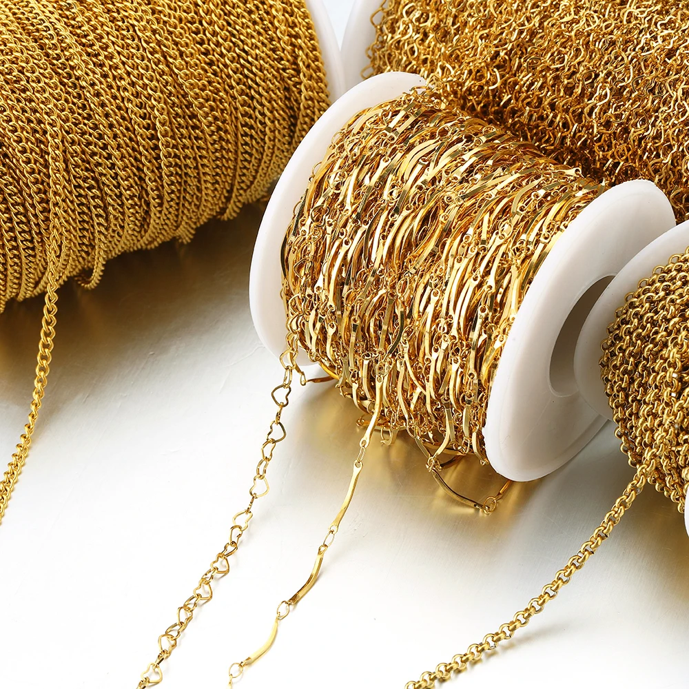 1Meter Gold Stainless Steel Curb Chains for Jewelry Making DIY Bracelet Necklace Chains Anklet Accessories Components No Fade