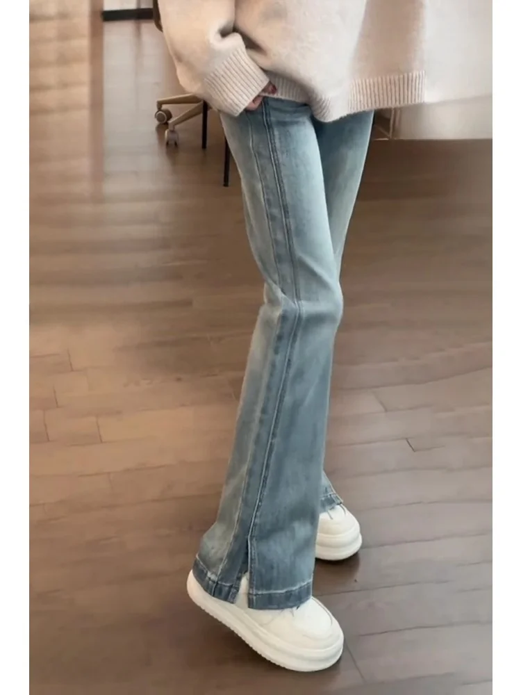 الضوء الأزرق عالية الخصر بسط الدينيم السراويل النسائية ربيع الخريف جديد Sle حجم كبير متوهج الطابق طول السراويل #2