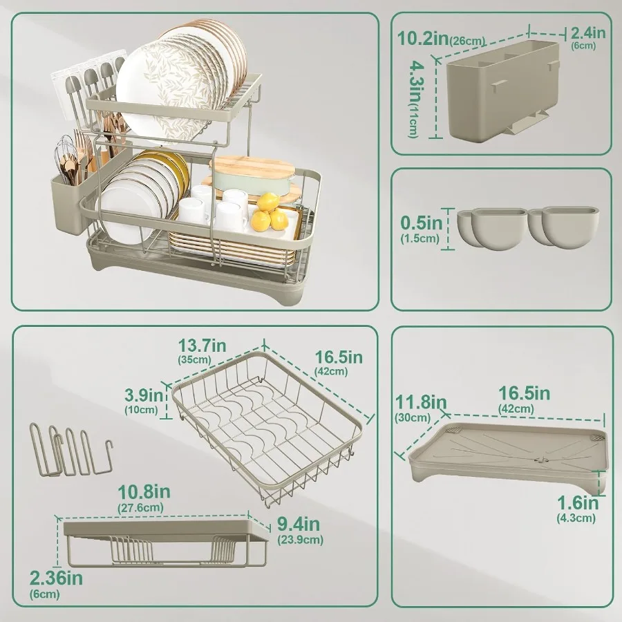 رف تجفيف الأطباق 2 طبقة رف تجفيف الأطباق مع حامل أواني سعة كبيرة تجفيف الأطباق التلقائي مع لوح تصريف للمطبخ