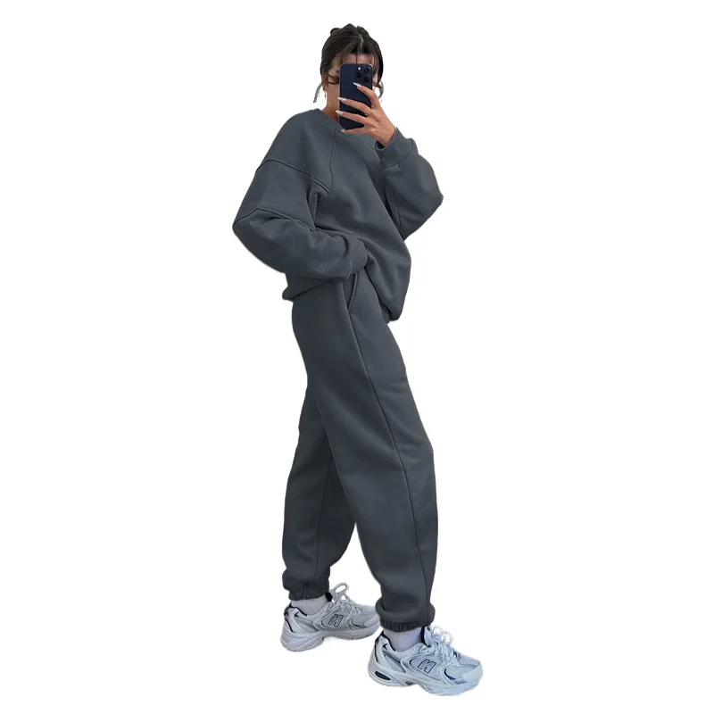 Autumn and Winter New Women's Solid Color Round Neck Long Sleeve Hoodie Fashion Casual Loose Pants Suit Sports Two-piece Set