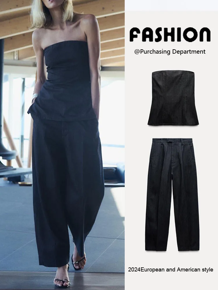 

New Autumn Women's Strapl Top Loose Casual Denim Jeans Faion Set Wide Leg Pants Comfortable Breathable Cotton Blend