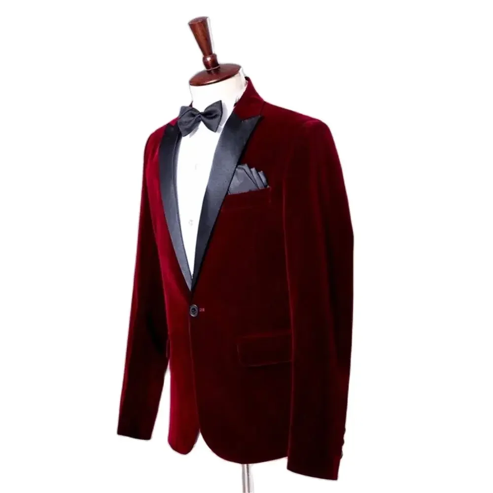 High-end Burgundy Velvet Men Blazer Single Breasted Black Peak Lapel  Wedding Slim Fit One Piece Jacket