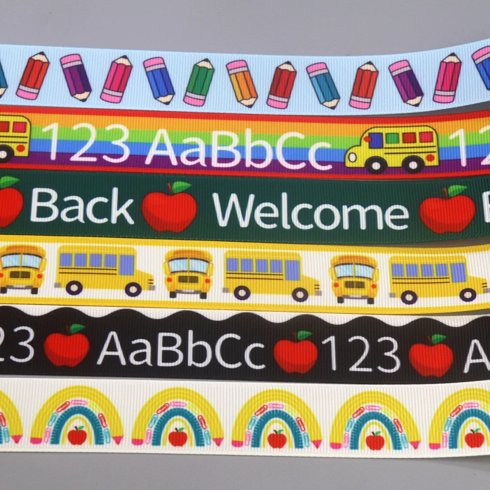 DUWES 50yards School ABC 123 Bus Printed Grosgrain Ribbon Accessories Material Headwear Decoration DIY Sewing Craft D2345