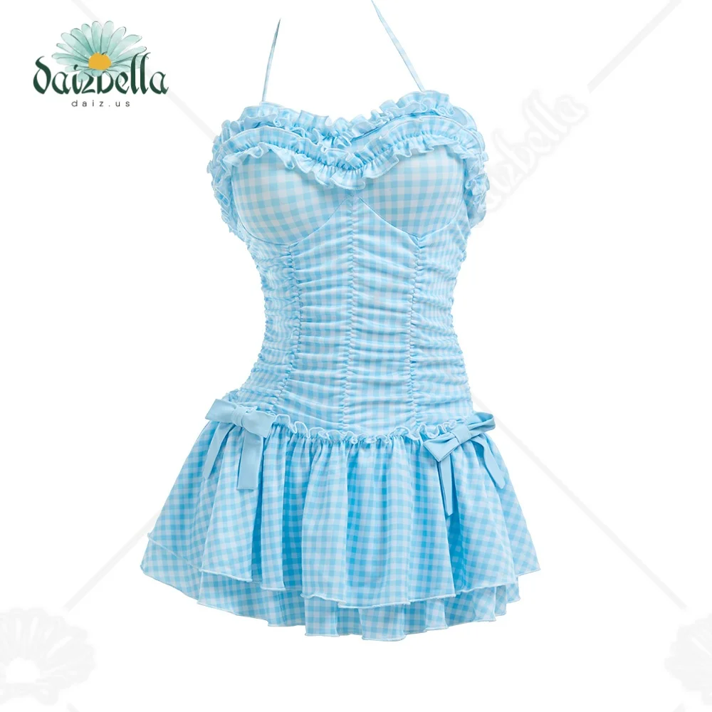Daizbella Women's One Piece Swimsuit 50'S Vintage Retro Plaid Ruffle Tummy Control Bathing Suit with Hair Clip
