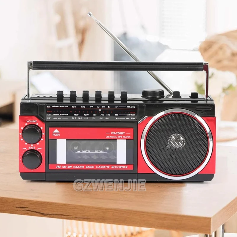 Portable Vintage Retro USB AM/FM/SW Multiband Radio Stereo Wireless Bluetooth Boombox Mp3 Audio Cassette Tape Player Recorder