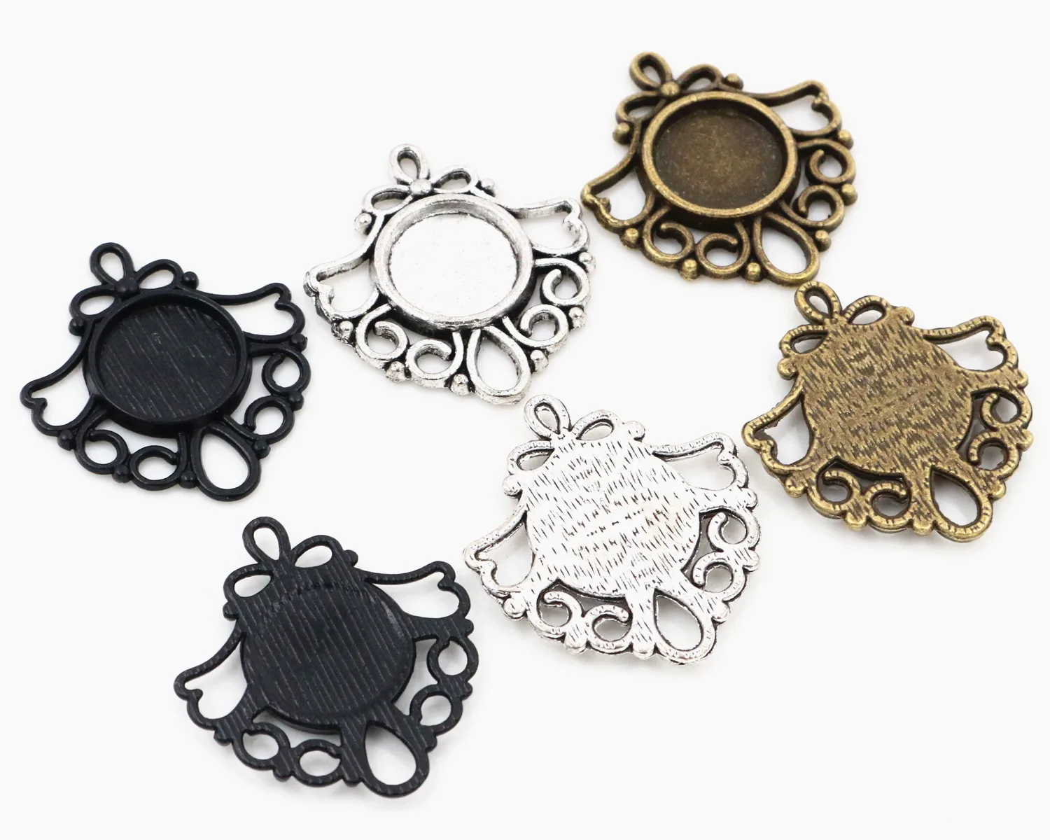 20pcs 12mm Inner Size Antique Silver Plated and Bronze and Black Colors Fashion Style Cabochon Base Cameo Setting Charms Pendant