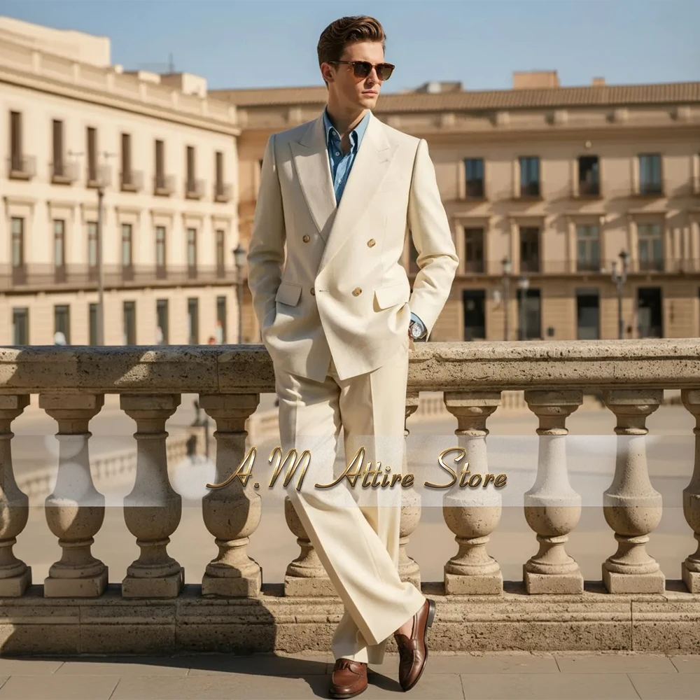 Slim Fit Men's Suit Off White Peak Lapel Jacket and Pants 2-piece Double Breasted Tailored Set for Wedding Groom Business Casual