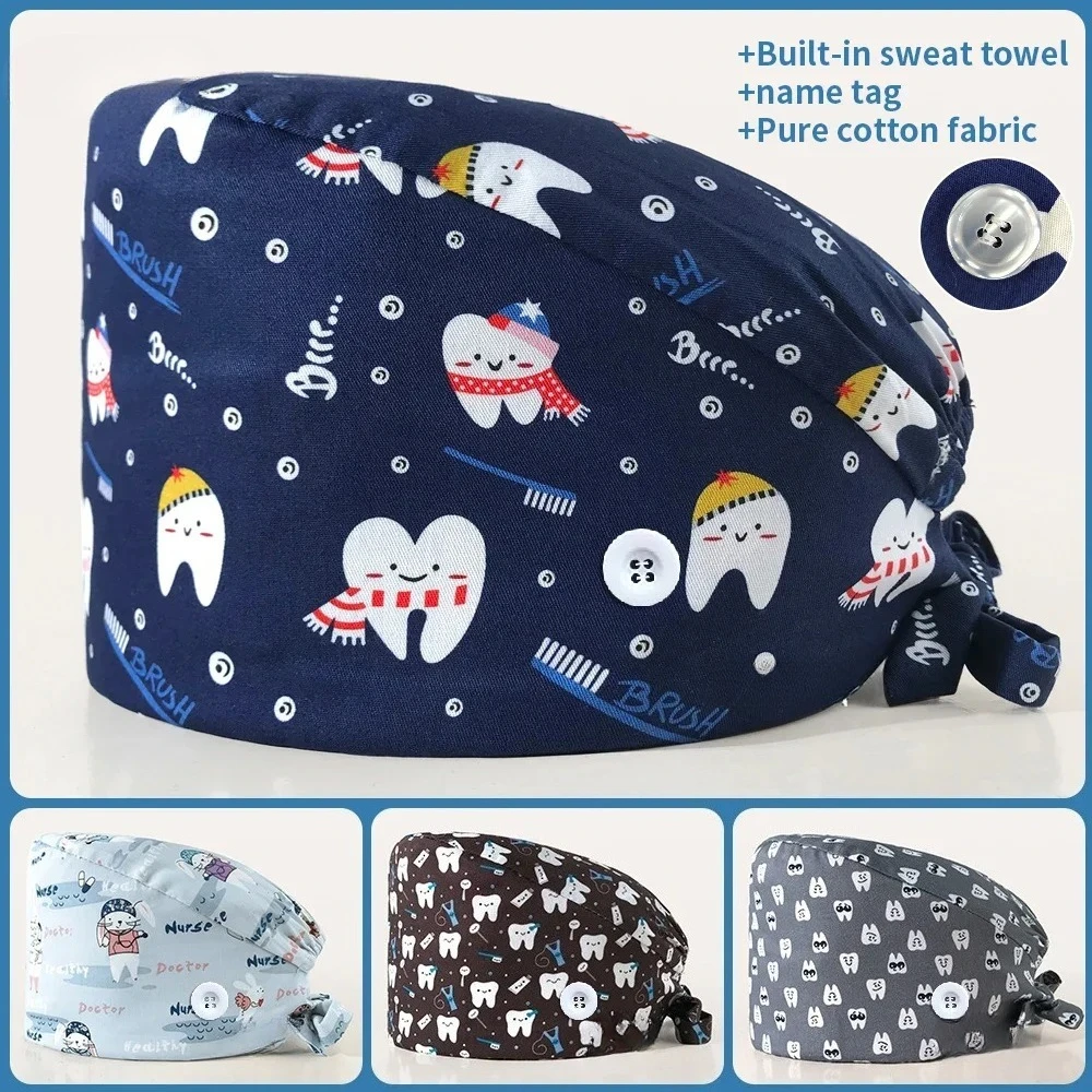 

Tooth Printing Adjustable medical Hats Dental Hospital Scrubs Caps Unisex Tie Back Cartoon Scrubs Hats Health nursing Work Hats