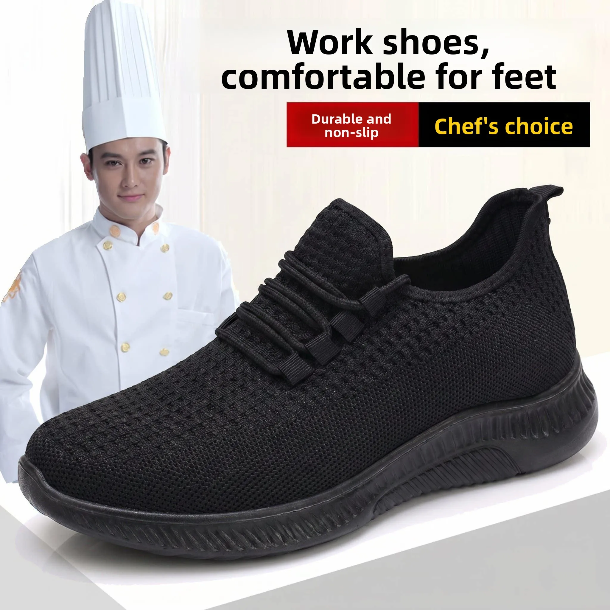 Men's Kitchen Anti-slip Shoes Comfortable Breathable Soft Bottom Not Tired Walking Chef Back Kitchen Special Black Soft