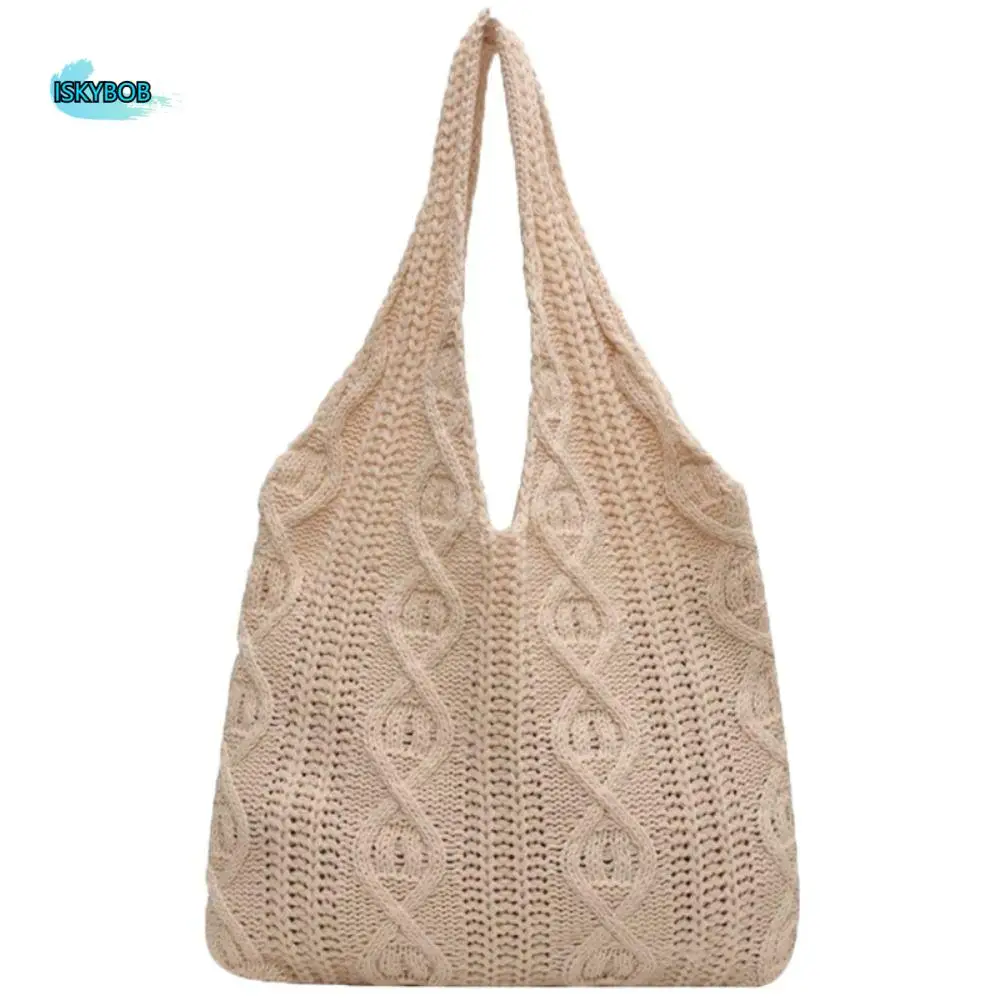

Fashion Twists Wool Knitted Shoulder Bag Large Capacity Handmade Crochet Tote Bag Solid Color Soft Weave Handbag Girls