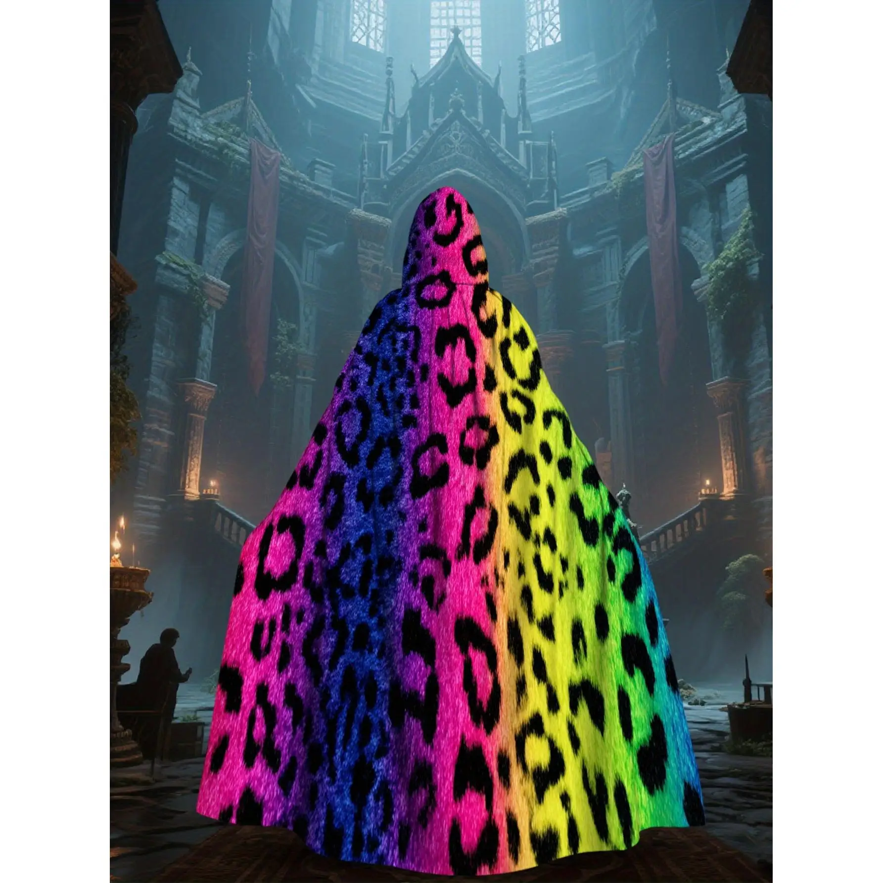 2D Flat Printed Hooded for Cape Made of Leopard Rainbow Suitable for Masquerade Camping Themed Parties And Halloween Festivals