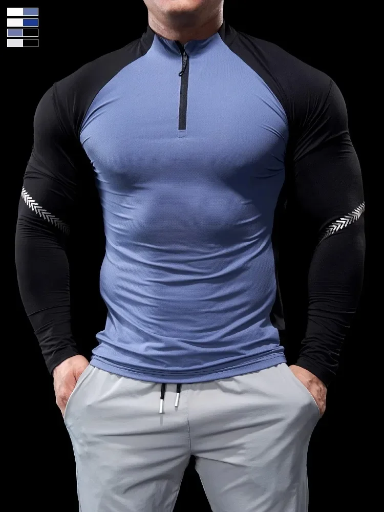 Men Autumn Winter Tights Fitness Clothes POLO Shirts Half-zip Running Clothes Long-sleeved Quick-drying Stretchy Sports Thin