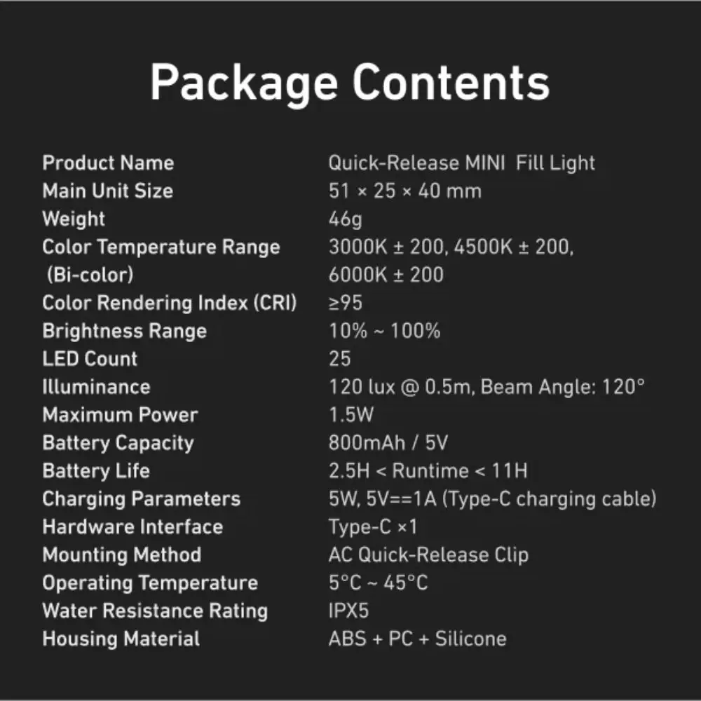 Mini luce selfie Luminosità regolabile Luce di riempimento impermeabile Luce video LED a sgancio rapido per DJI Action 4/5 Pro