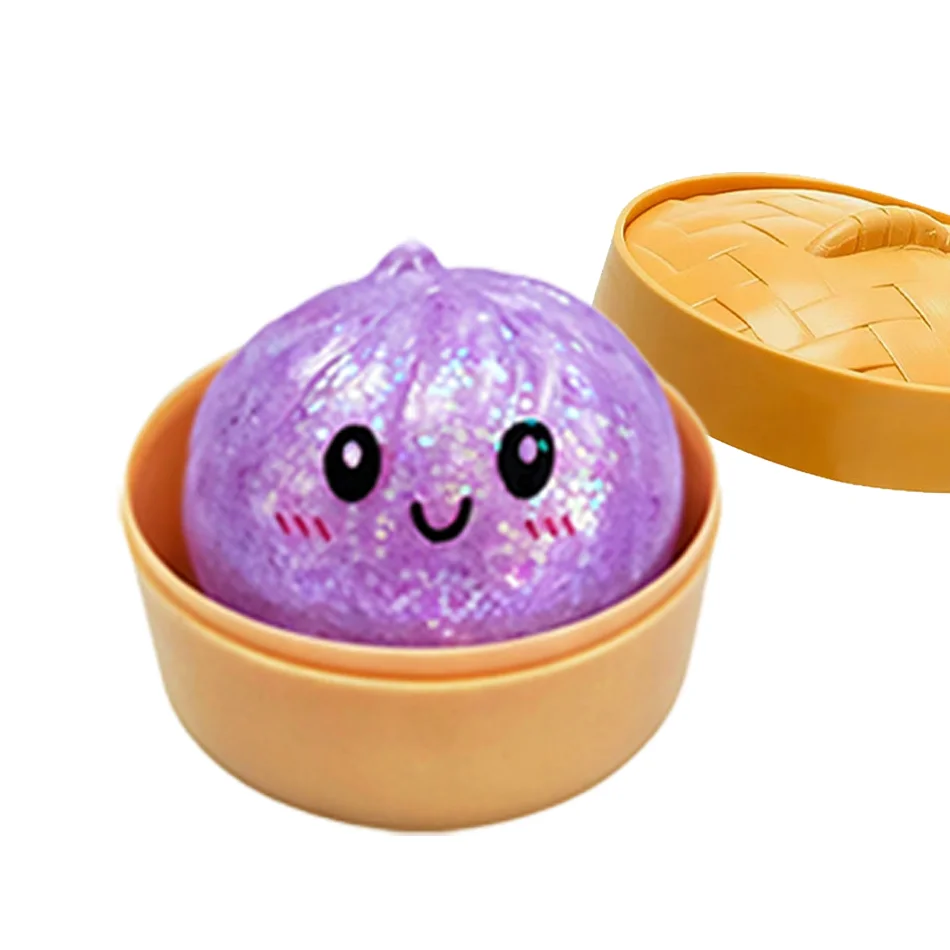 Glitzer-Dumpling-Squishy mit Box – Sensorischer Dampf-Dumpling aus weichem TPR-Teig für Dekompression, Fidget-Spielzeug, Stressabbau-Geschenk