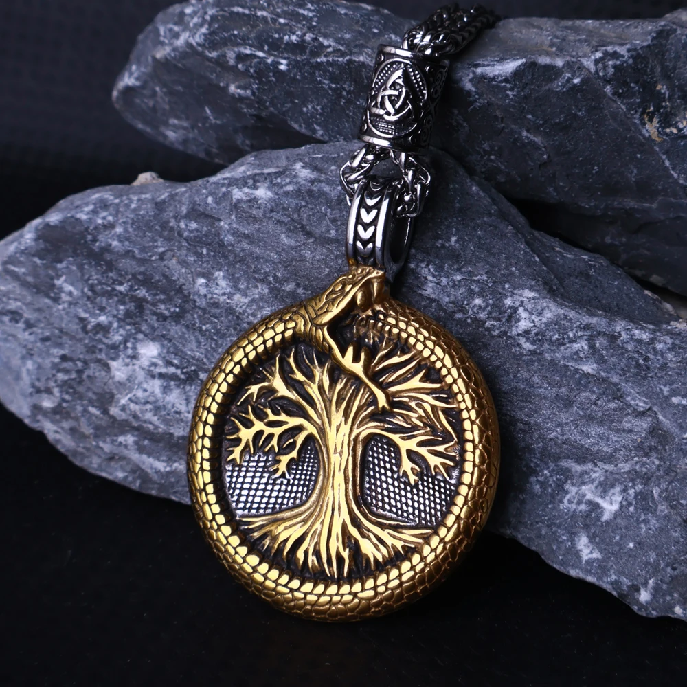 Nordic Yggdrasil Viking Tree of Life Pendant Necklace Stainless Steel Viking Ourobles Necklace Men Vintage Fashion Charm Jewelry