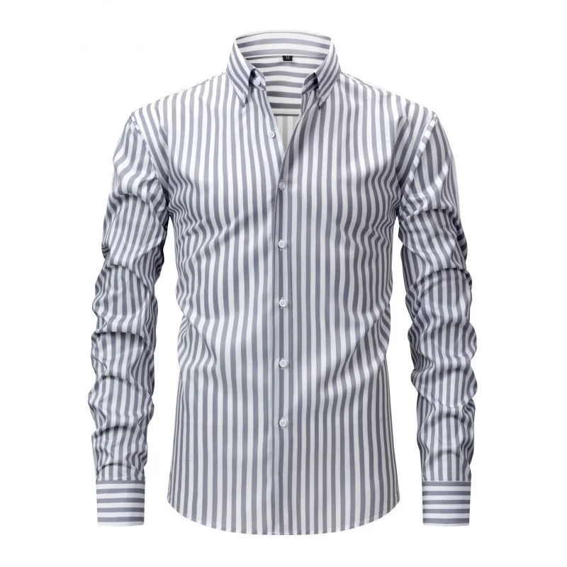 Four-Way Stretch Digital Print Striped Long Sleeve Turn-Down Collar Men's Shirt High-End Men's Shirt Wholesale - Image 4
