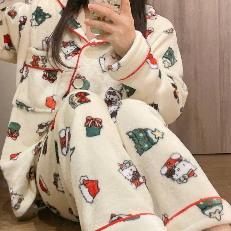 Sanrio Christmas Hello Kitty Pajamas for Women Autumn and Winter New Flannel Thickened Cardigan Long-sleeved Home Clothes