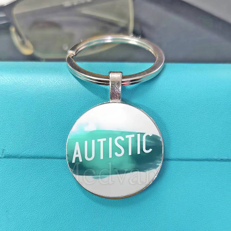 New Cartoon Rainbow Autism Glass keychain Introverted Patient Glass Cabochon Badge Clothes Bag keychain