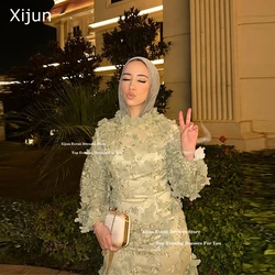 Xijun Green Luxury Evening Dresses 3D Flowers Modest Muslim Prom Dresses Saudi Arabric Long Sleeves Prom Gowns 2025 Customized