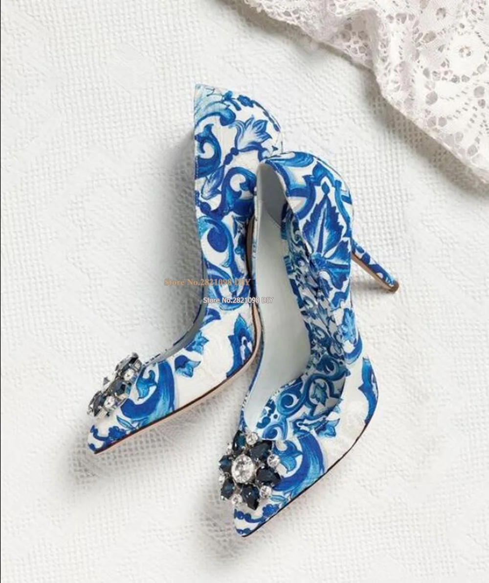 Stiletto Heels Blue Majolica Print Slingback Court Pumps Leather Women Pointed Toe Jewelry Bridal Wedding Shoes High Heels