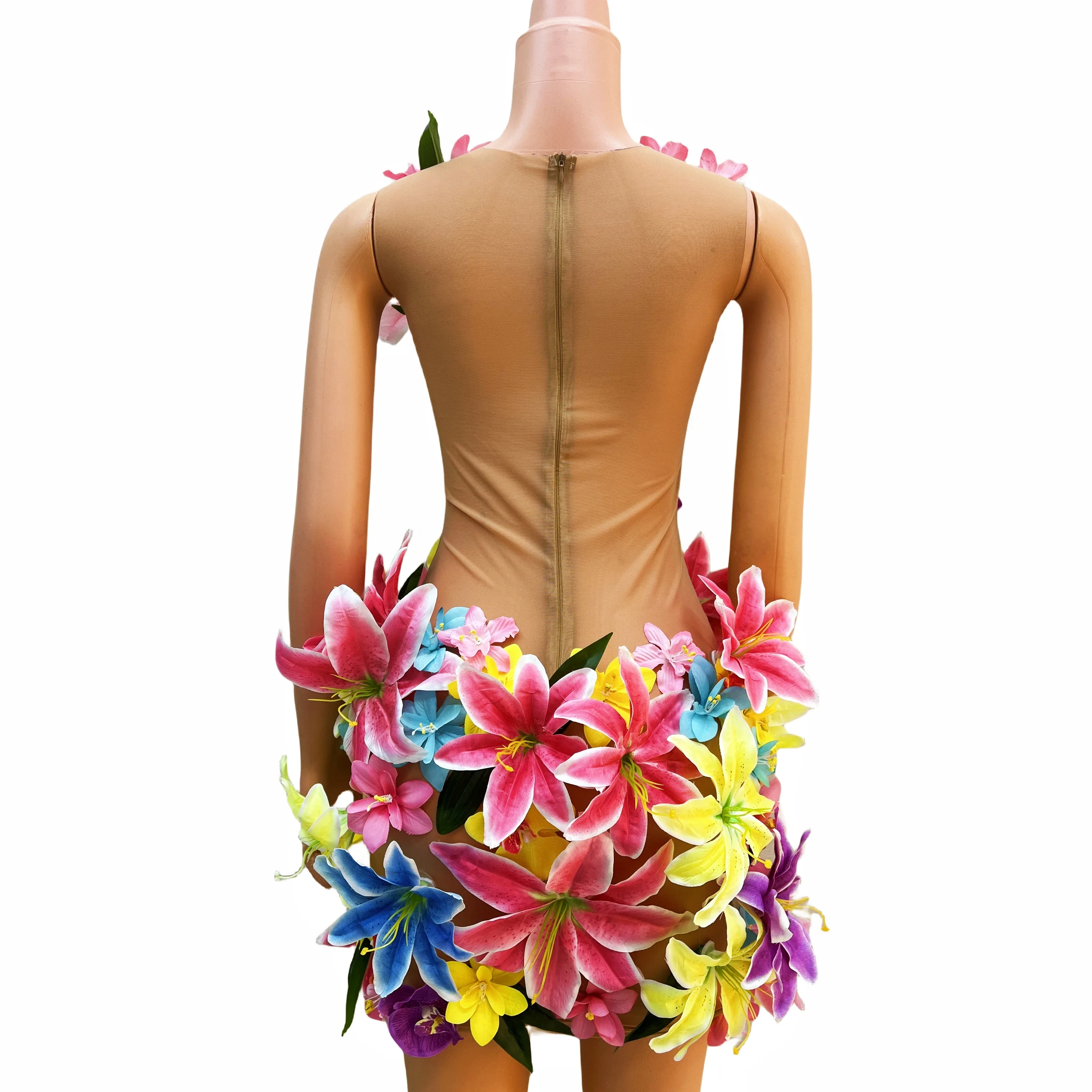 Colorful Flowers Rhinestones Sexy Mesh Dress Wedding Birthday Celebrate Sleeveless Singer Dancer See Through Outfit huaduo