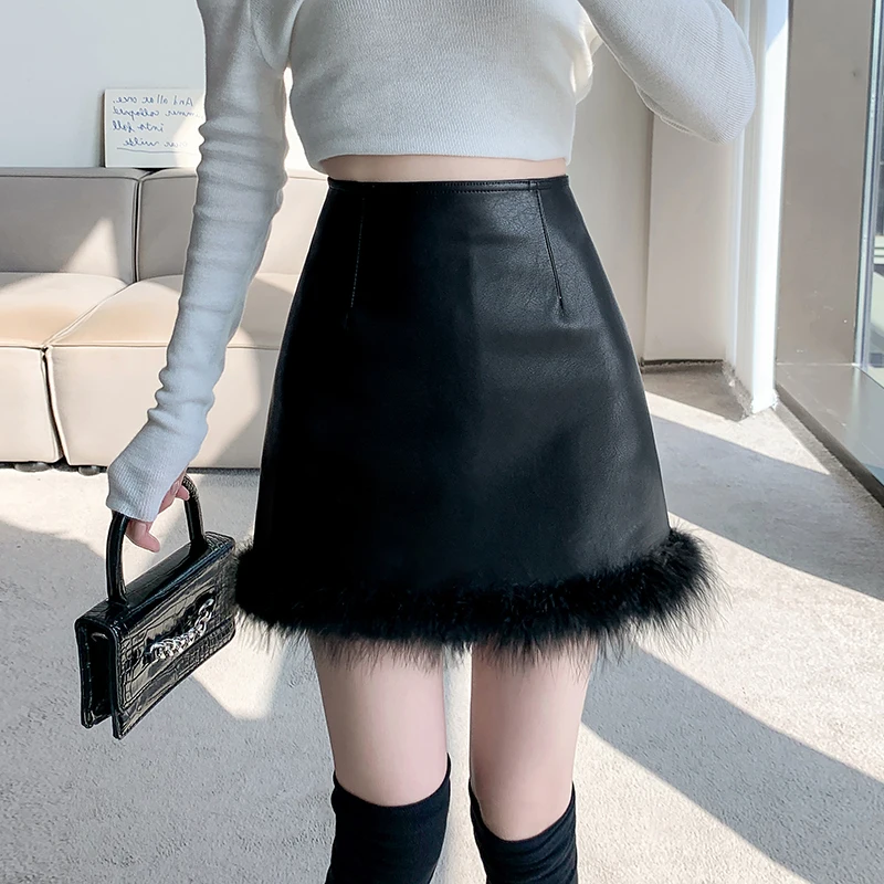 Sexy Skirts Women Autumn Winter New Furry Patchwork PU Leather High Waist Solid Black Wrap Hip Fashion Mini Skirt Female