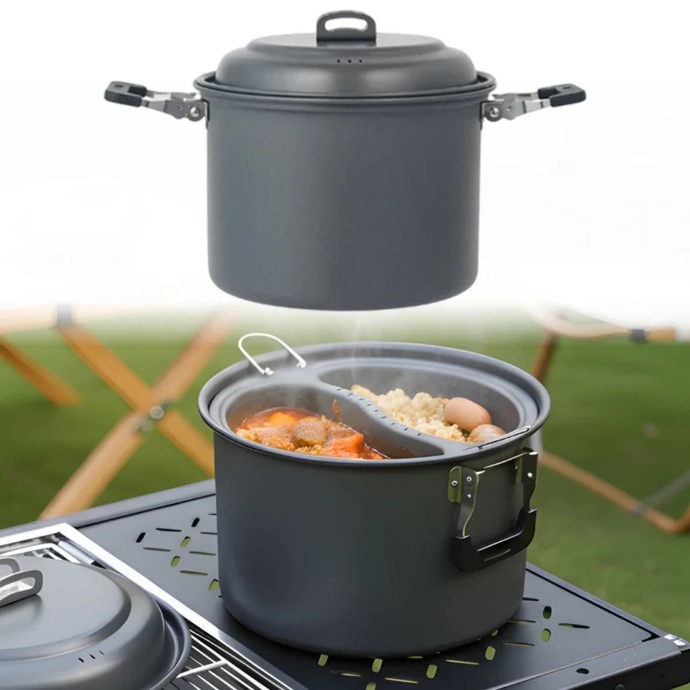 6L Portable Steamer Pot With Two-Divider Steaming Tray And Pot Lid For Outdoor Camping Stainless Steel Cookware Set
