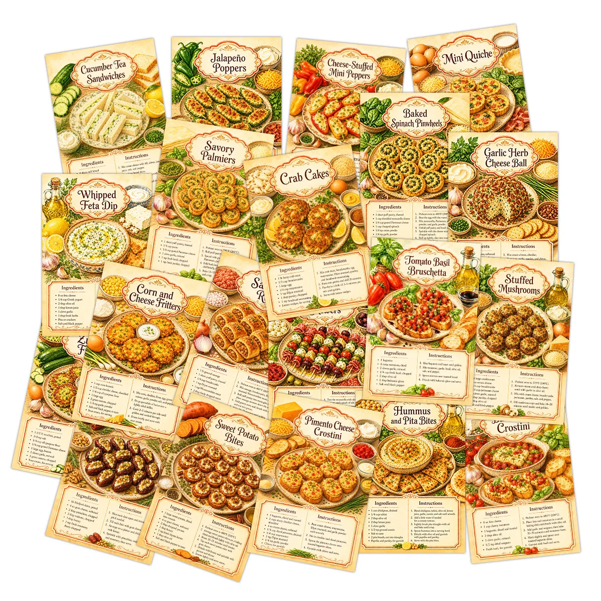 Food Snacks Gifts - 20枚のヴィンテージ前菜レシピポストカード、おいしいスナックの作り方カード、キッチンウォールアートデコレーションカード、家庭料理人のためのギフト