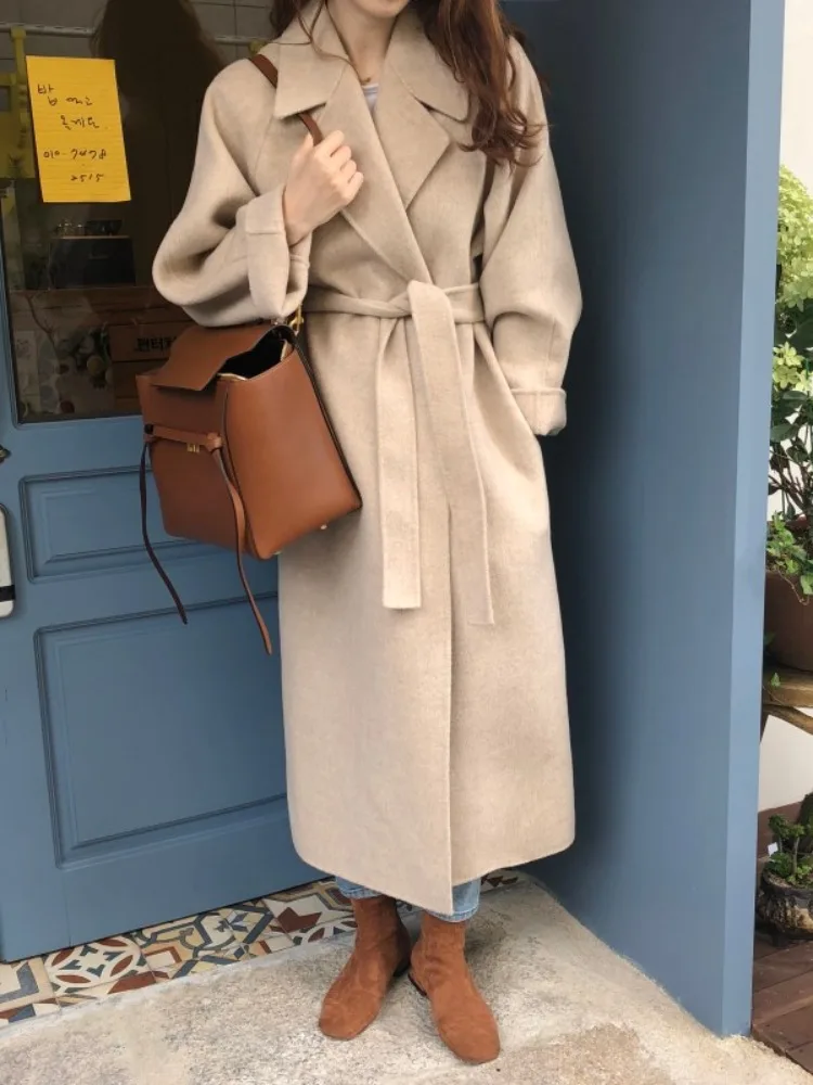 

Шерстяное пальто ручной работы, женское шикарное зимнее винтажное высококачественное костюмное пальто с воротником и поясом, закрывающее талию, верхняя одежда из искусственной кожи Camere