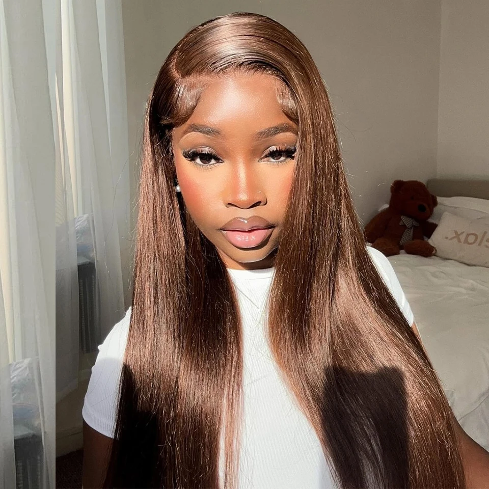Premium Chocolate Brown Colored 13x6 HD Lace Front Human Hair Wigs Tuneful 30 40 Inch Raw Indian Straight Human Hair Frontal Wigs