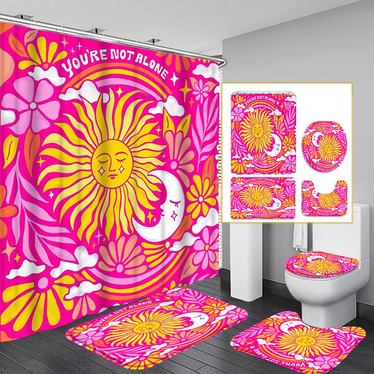 

Набор из 4 занавесок для душа с 12 крючками - занавеска для душа, нескользящий коврик для ванной, чехол на сиденье унитаза и U-образный коврик - машина