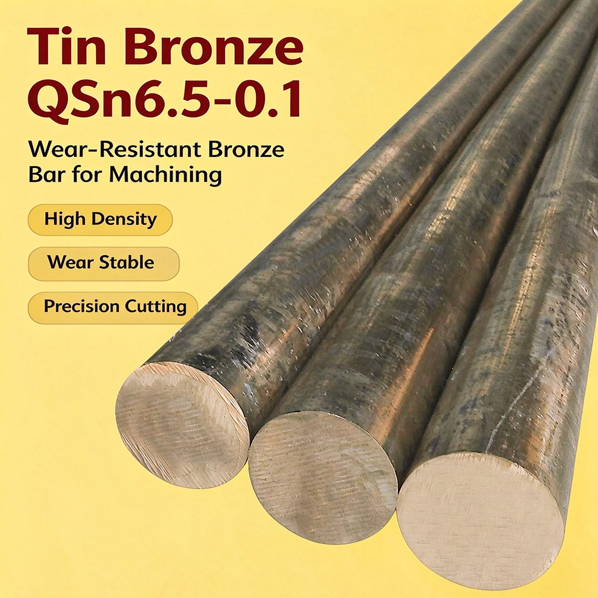 Tin Phosphor Bronze Round Bar QSn6.5-0.1 C5191, Φ10×300mm Solid Bronze Rod for CNC Machining, 1pc