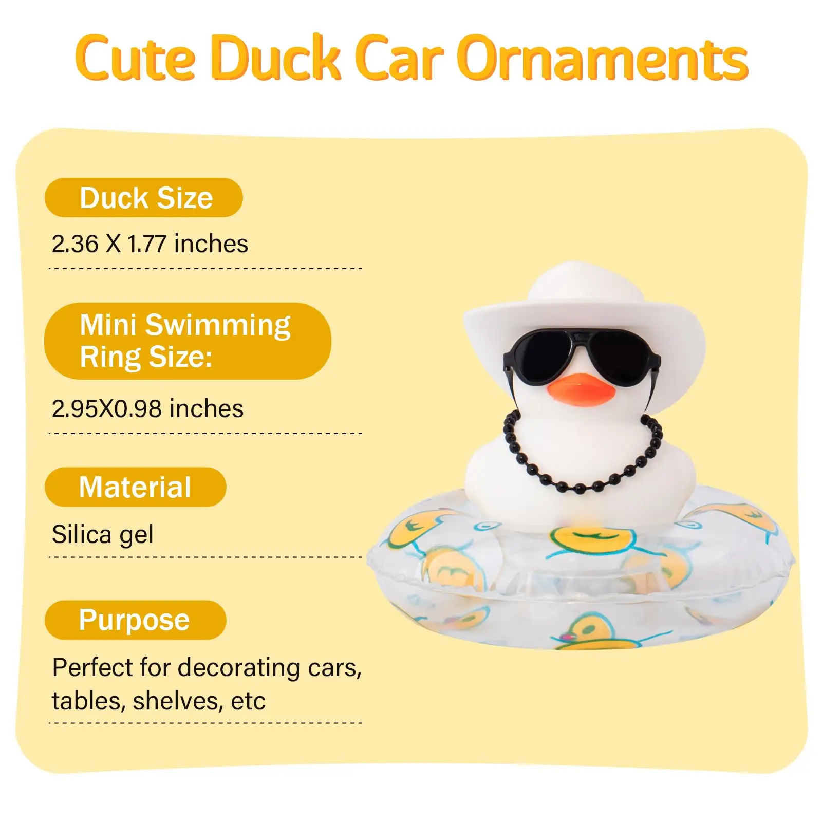 Rubber Duck White Duck Car Decorations Cute Car Accessories Dashboard Car Ornament with Cowboy Hat Swim Ring Colour Necklace