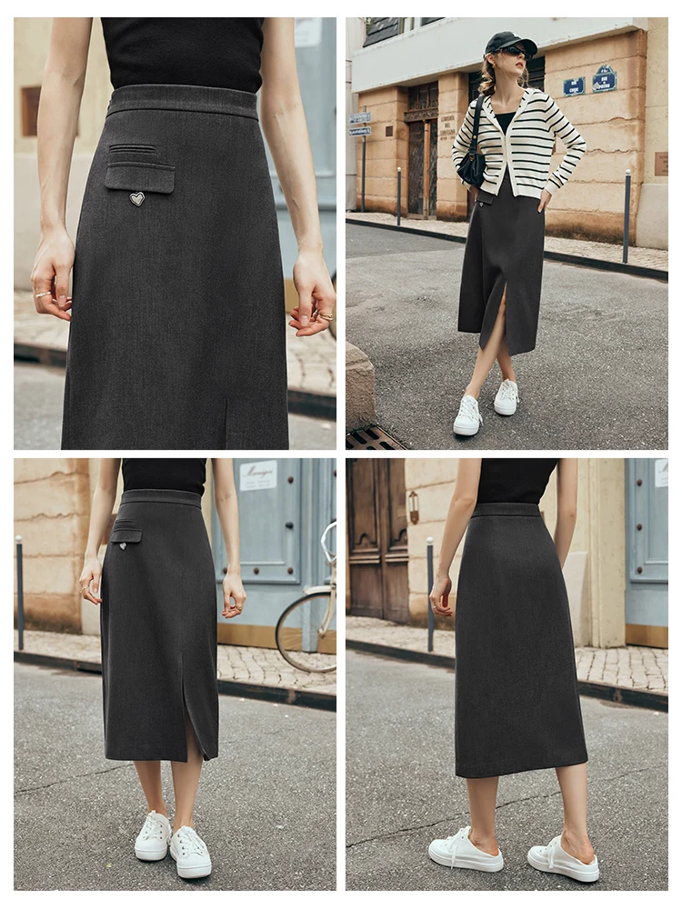 

OLrain Women 's Gray Skirt 2025 Autumn Fall Elegant Fashion Ladies High Waist Straight Split Skirt Woman Clothing O23QB82518