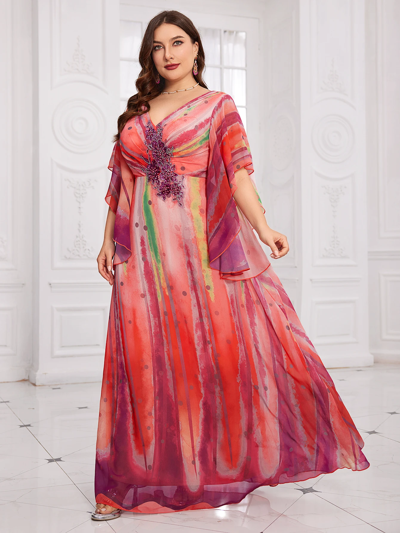 

Платье UNITHORSE больших размеров с V-образным вырезом, цветочным декором, кружевными рукавами и цифровым акварельным принтом из шифона, коллекция Весна-Лето