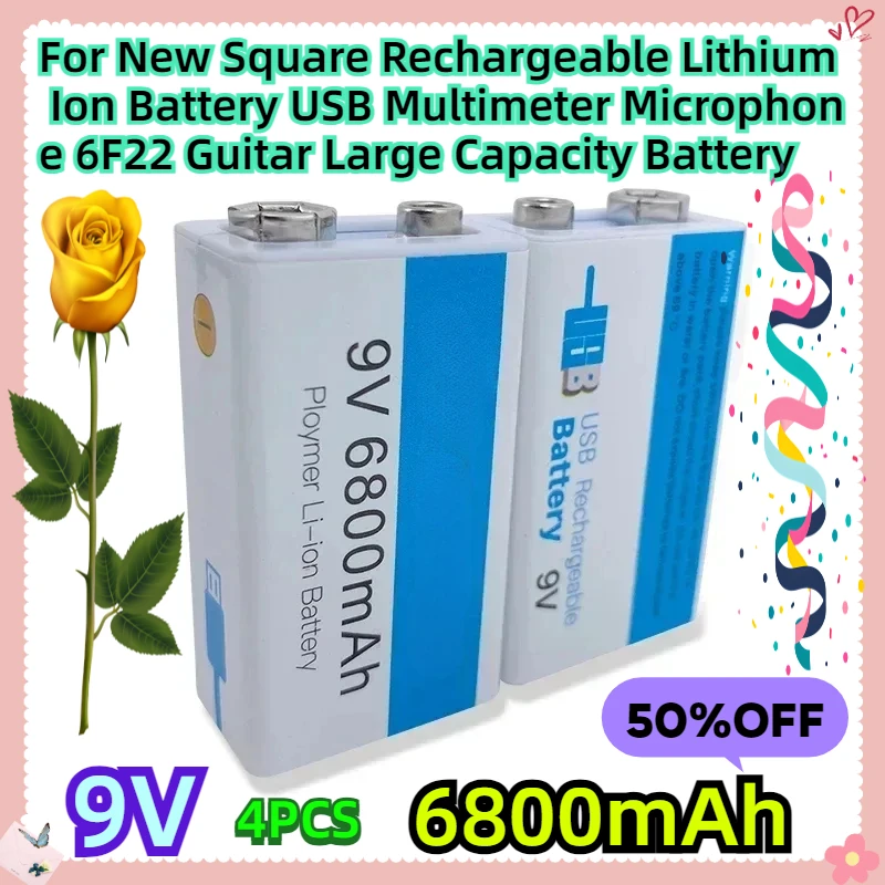 For New 9V 6800mAh Square Rechargeable Lithium Ion Battery USB Multimeter Microphone 6F22 Guitar Large Capacity Battery