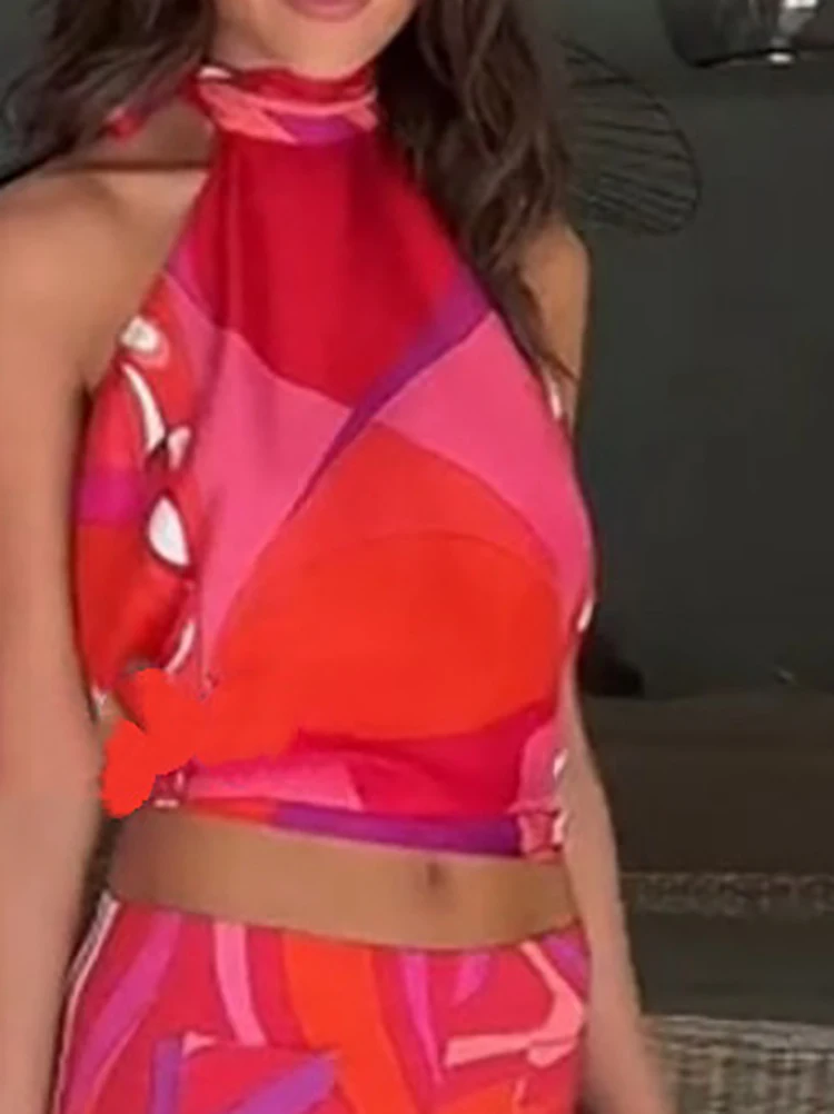 

Летние модные топы с лямкой на шее и короткие брючные костюмы с элегантным узором и принтом для отпуска, комплект из двух предметов, женские сексуальные наряды без рукавов на шнуровке