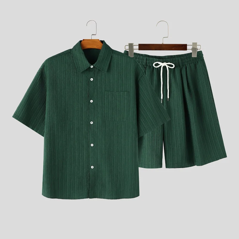 INCERUN Men's Sets Solid Lapel Short Sleeve Shirt Shorts Two Piece Sets Streetwear Loose Summer 2026 Casual Men Matching Sets view 6