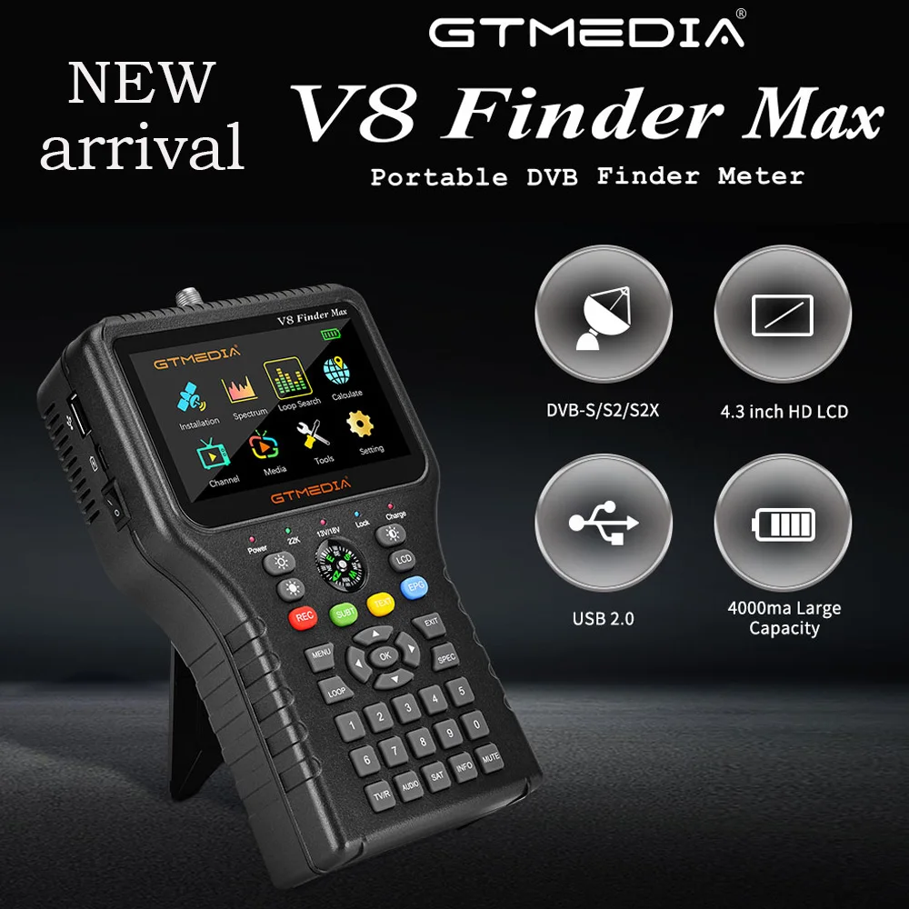 

Newest GTMEDIA V8 Finder Max Satellite Signal Finder DVB-S/S2/S2X H.264/H.265 Satellite Locator 4.3 Inch HD Official Accessories