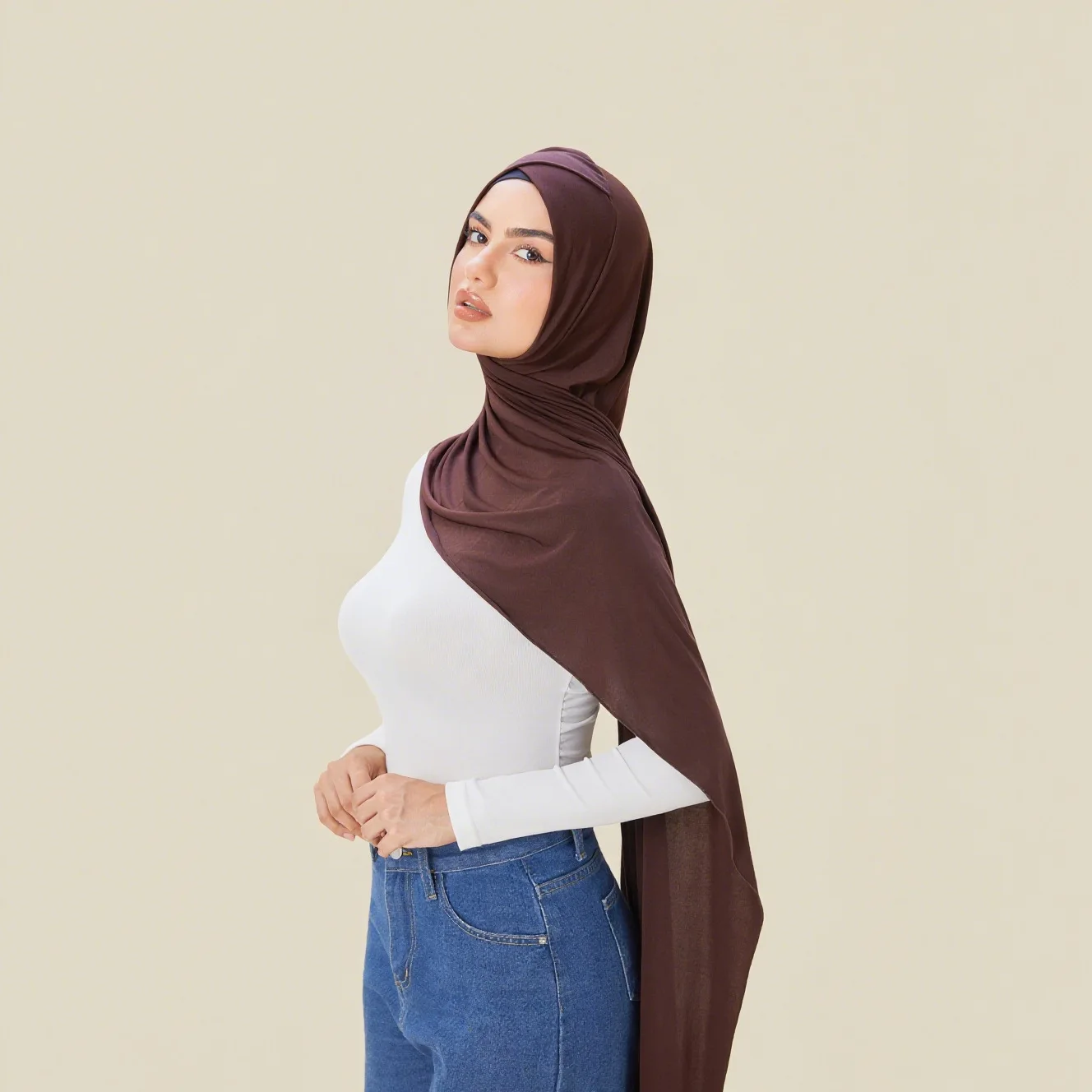 

Новинка 2025 года, женский хиджаб со скрещенным лобом, однотонный мусульманский женский тюрбан, мягкий эластичный платок, головной убор, интегрированный шарф