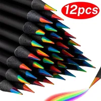 12/1Pcs Rainbow Colored Pencils Multicolored 7 in 1 Black Wooden Bulk Rainbow Pencils Art Supplies Drawing Coloring Sketching