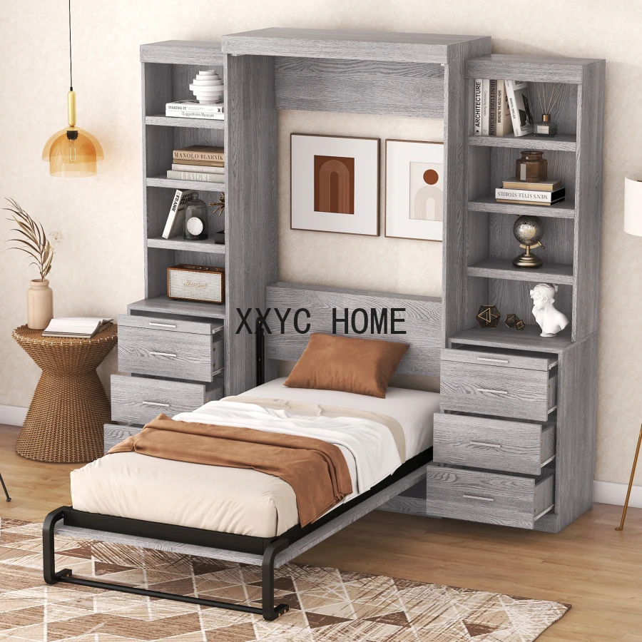 Murphy Bed,Twin Size Murphy Bed,Folding Bed with Multiple Storage Shelves & Drawers,Folded into a cabinet,Space-saving,Gray