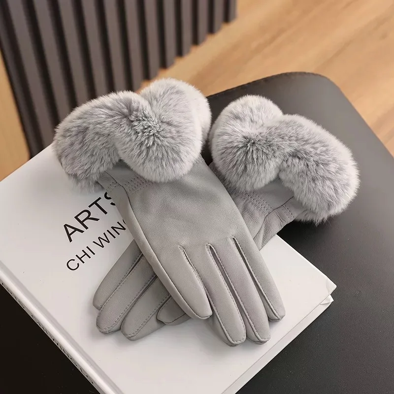 Elegant Women's Winter Warm Genuine Leather Gloves With Rex Rabbit Fur Trim Cuffs Velvet Lined