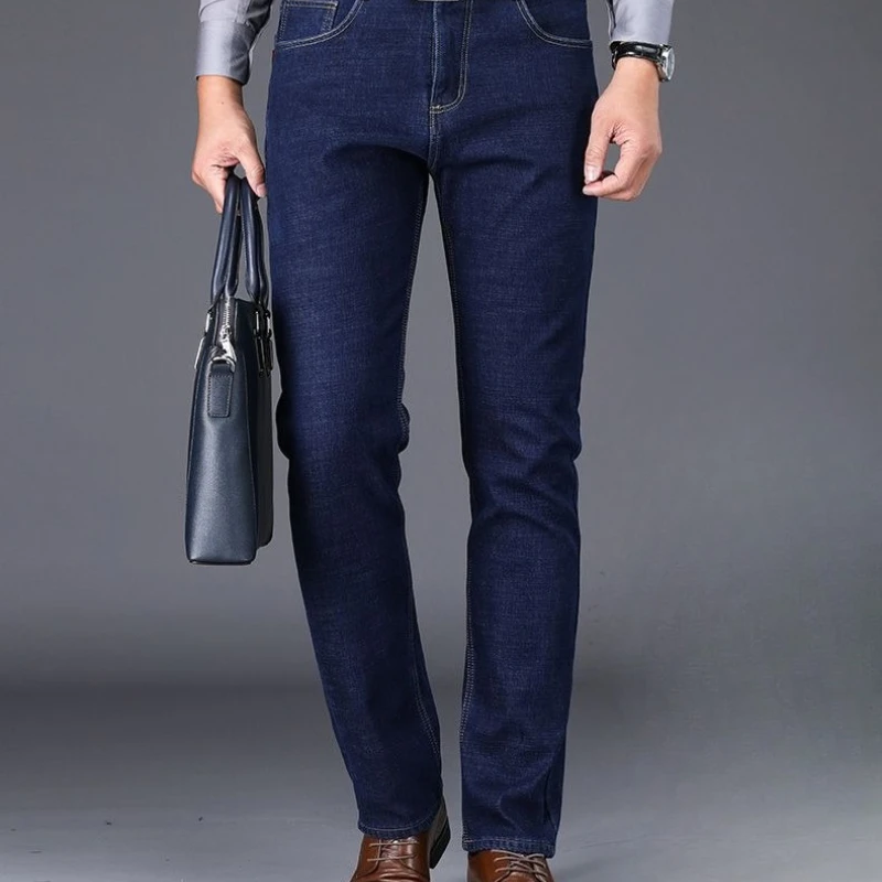 Inverno novo velo masculino quente jeans estilo clássico negócios casual engrossar regular ajuste calças jeans preto azul marca