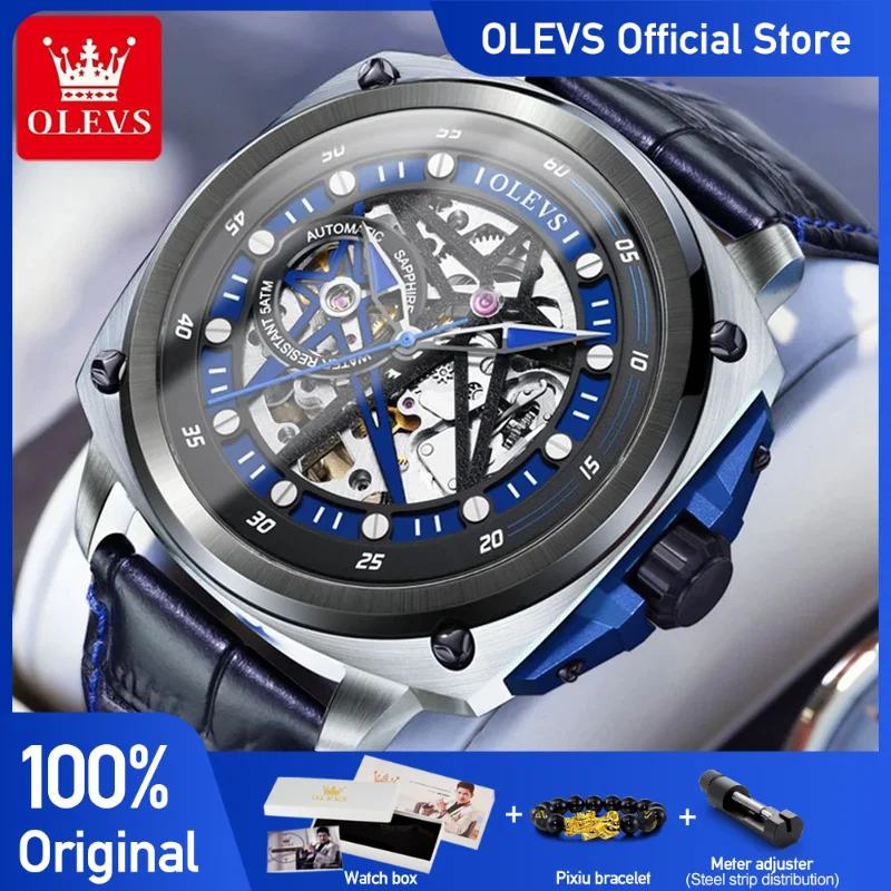 OLEVS Men\'s Watches Double Star Skeleton Original Automatic Mechanical Monvement 50m Waterproof Leather Strap Lunminous Ruby