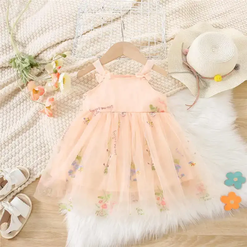 (0-3 Years Old) Summer Mesh Floral Bow Baby Girl Dress Cute And Sweet Double Layered Gauze Girl Princess Dress