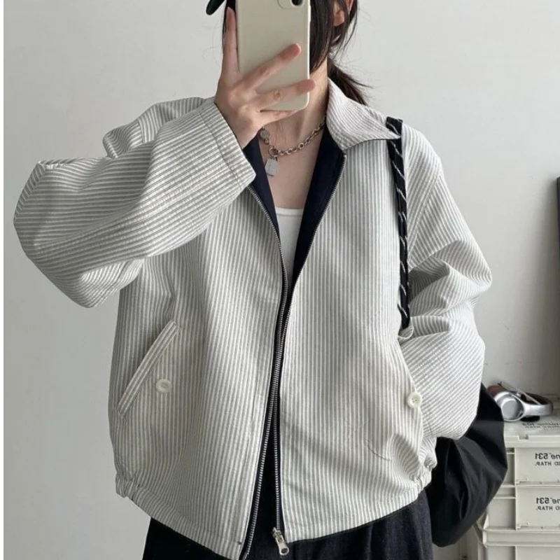 Women Vertical Striped Collar Zip Up Jacket Long Sleeve Loose Cropped Pockets Casual Workwear Coat Spring Fall Streetwear Outerw