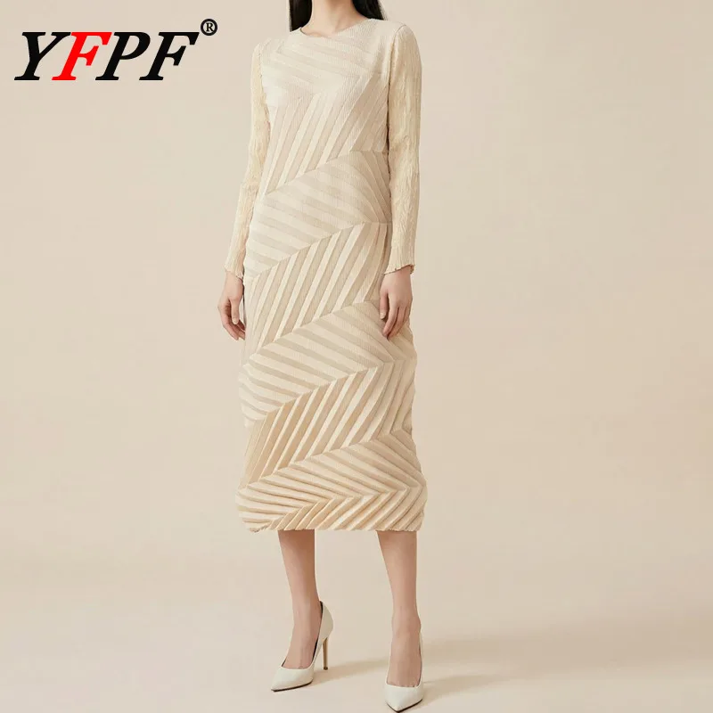 

YFPF Miyake плиссированное женское платье 2026, весеннее новое однотонное дизайнерское вечернее платье со складками и длинными рукавами, элегантная одежда