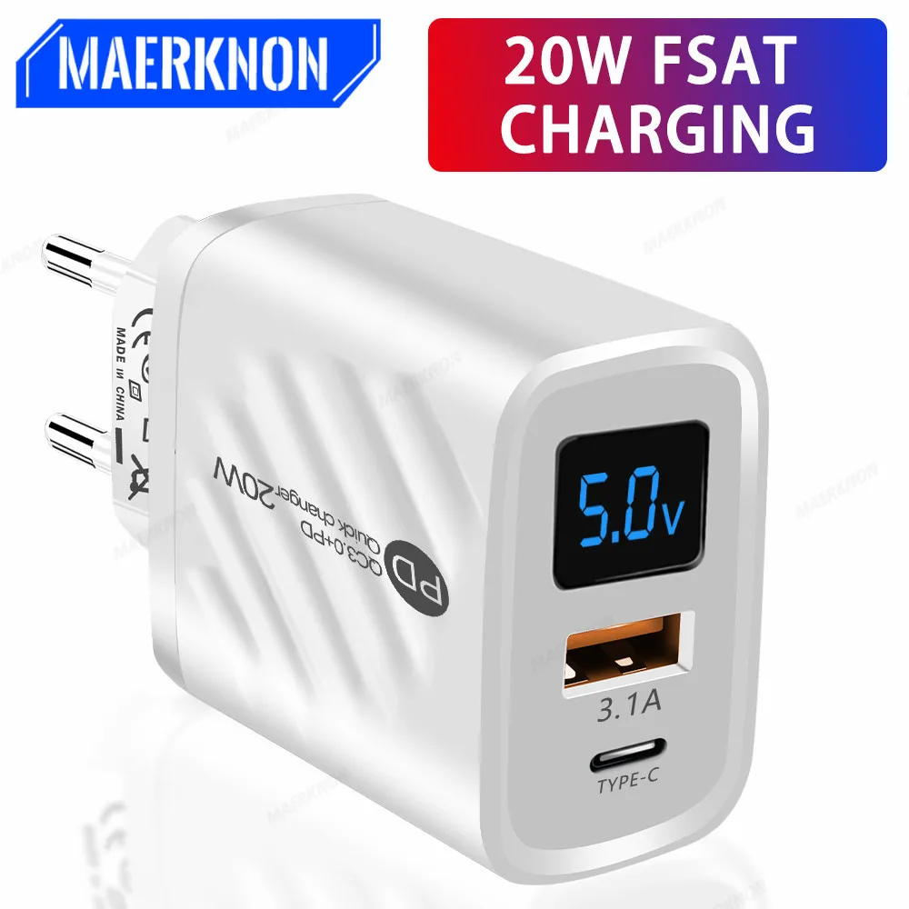 

20W USB Charger Digital Display Fast Charging For iPhone 14 Xiaomi Samsung Type C PD Wall Phone Charger Adapter Quick Charge 3.0