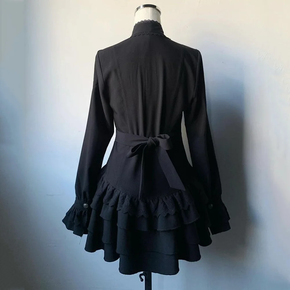 Summer Y2k Rave Dark Academia 2000s Black Dress Goth Party Club Women Dress Harajuku Long Sleeve Gyaru Mini A Line Ruffle Dress